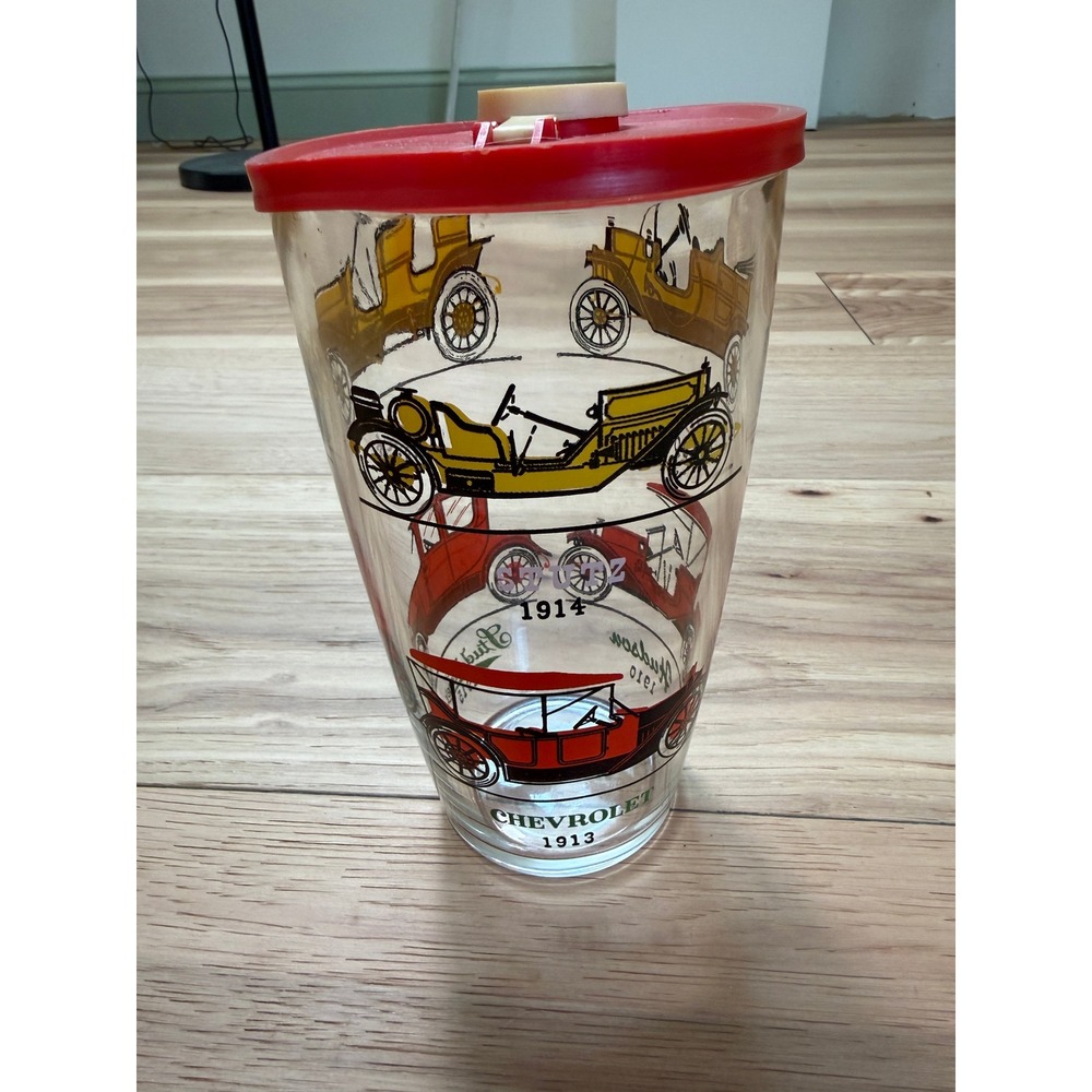 Hazel Atlas Cocktail Shaker Vintage MCM Antique Cars Glass Mixer Original Lid